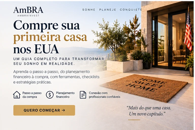Compre sua primeira casa nos EUA - um guia completo para transformar seu sonho em realidade. Passo a passo da compra, planejamento financeiro, conexão com profissionais confiáveis.