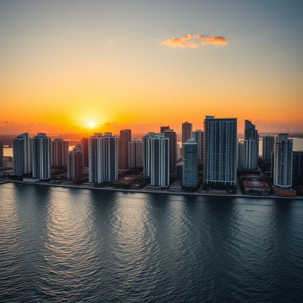 Skyline de Miami ao entardecer, ilustrando famílias brasileiras avaliando seguro de vida nos EUA
