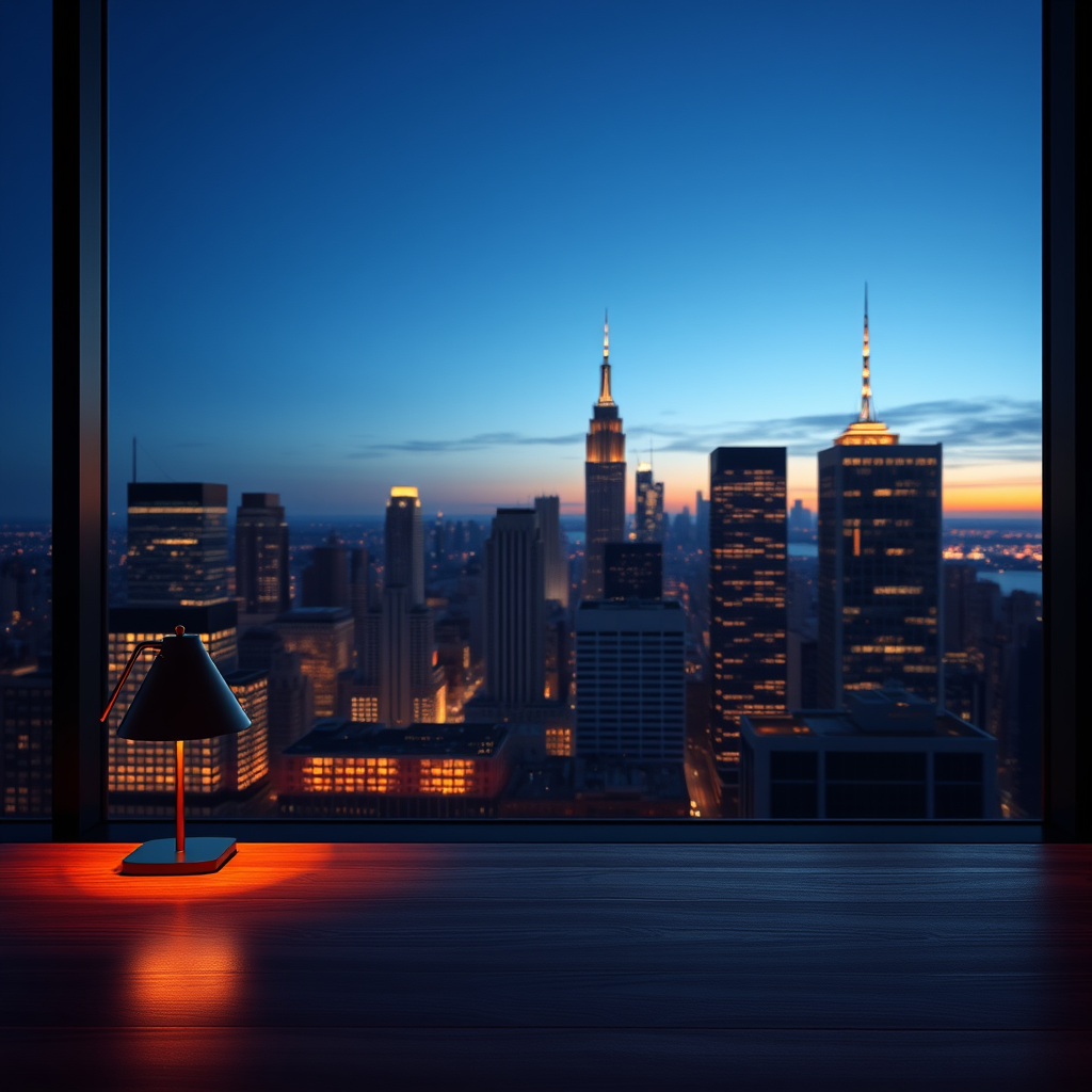 Skyline de Nova York ao anoitecer vista de uma janela, ilustrando crédito antes da primeira casa nos EUA