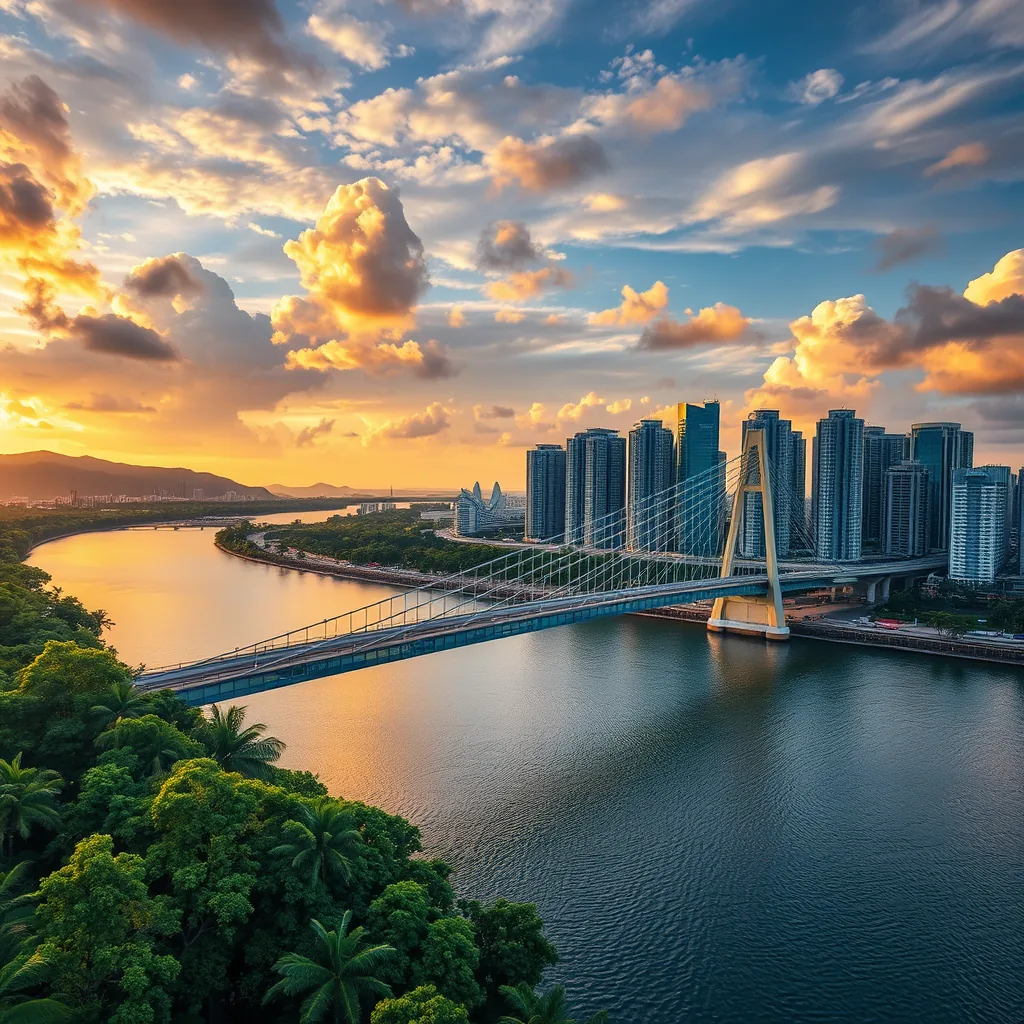 Ponte conectando duas margens urbanas ao entardecer, ilustrando internacionalização de patrimônio